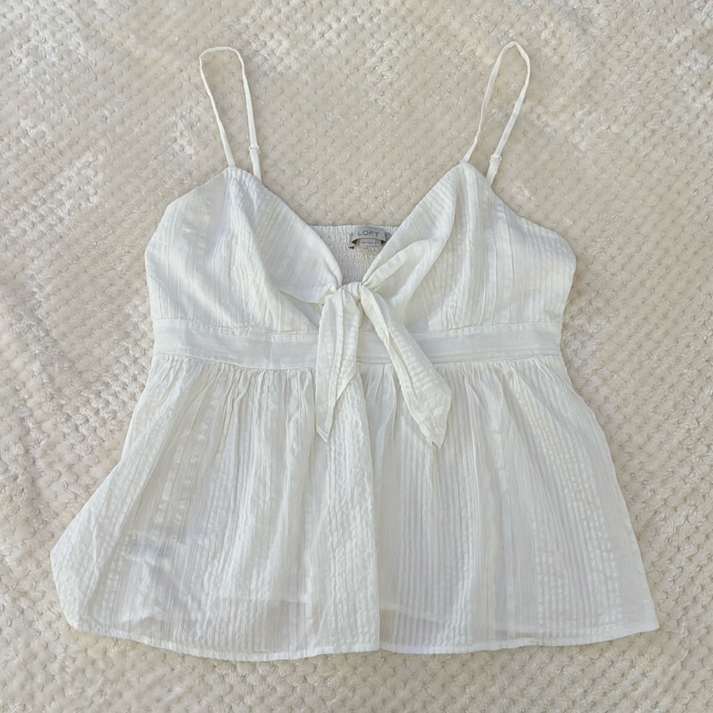 LOFT White v-neck cami top, bow detail, White, Medium Petite